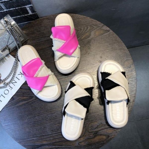 

slippers brand weave women square toe flat casual soft shoes summer slides 2021 fashion beach sandals slip on outdoor flip flops, Black