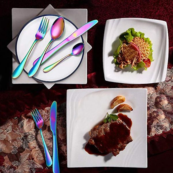 

/24 rainbow colorful gold-plated stainless steel cutlery spoon four-piece set for el tableware gift party supplies flatware sets