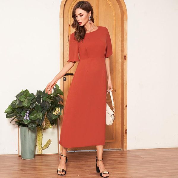 

party dresses 2021 summer dress women french style solid platycodon orange-red mori sweet high-waist zipper flare half sleeve midi, White;black