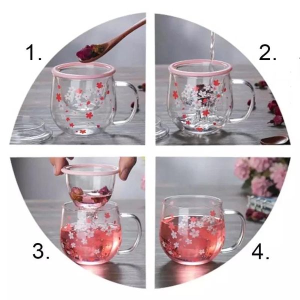

mugs lovely romantic cherry blossom glass tea cup with lid breakfast milk coffee mug, afternoon flower filter for gift
