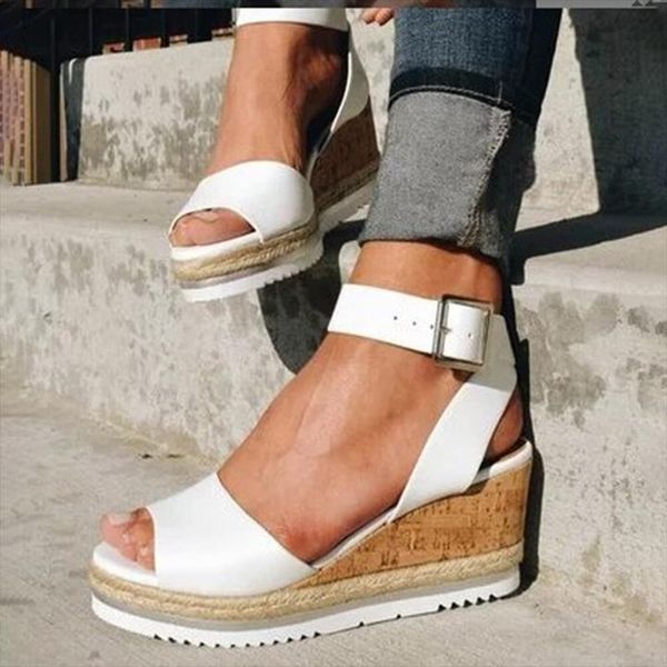 

sandals women slip resistant buckle strsap casual platform wedges, Black
