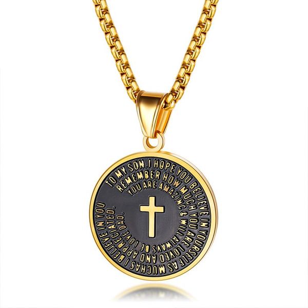

pendant necklaces retro religious circular scripture necklace for men fashion classic cross stainless steel christian believer party gift, Silver