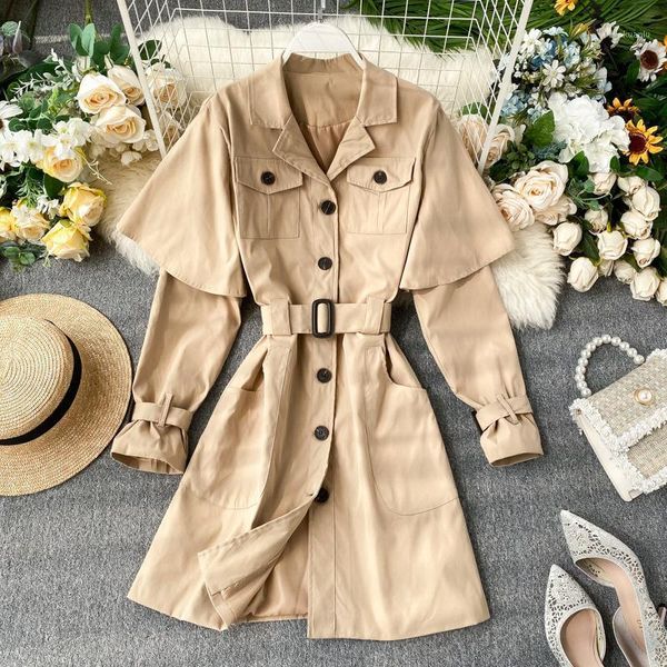 

women's trench coats autumn and winter windbreaker mid-length coat retro cloak shawl breasted temperament dress, Tan;black