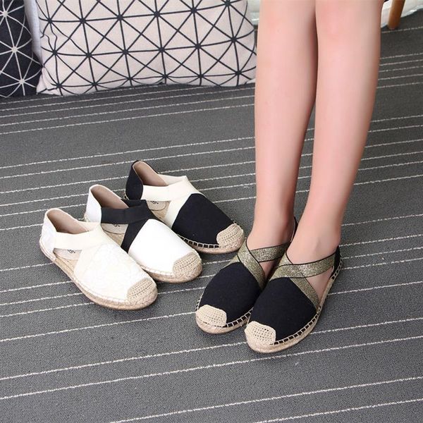 

color block cane cover toe flats sandals women cross-strap elastic band espadrilles sandalias gold sewing canvas sandalen, Black