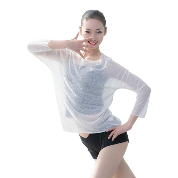 

women yoga see-through shirt round neck long sleeve mesh blouse cover up gymnastics training workout sports wear outfits, White;red