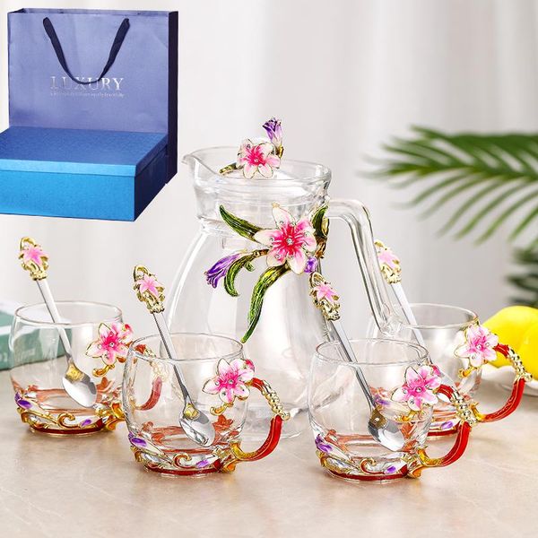 

enamel flower decoration glass cup with spoon kettle set household coffee wedding banquet supplies gifts wine glasses