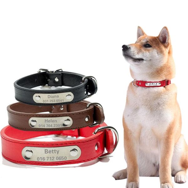 

dog collars & leashes creative customized leather collar durable padded personalized pet id pu carving puppy cat leash nameplate engraved