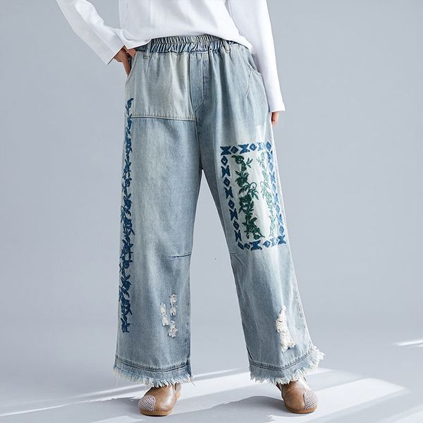 

capris trousers from the holes embroidered baggy pants elastic leg plus size female spring 2021 wild jeans nine point straight, Black;white