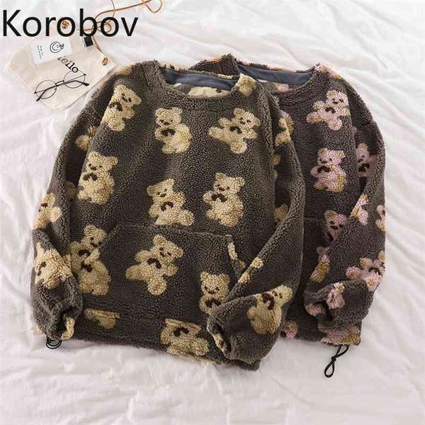 

korobov winter thick women sweatshirts harajuku streetwear cartoon pattern outwear hoodies korean o neck long sleeve 210430, Black