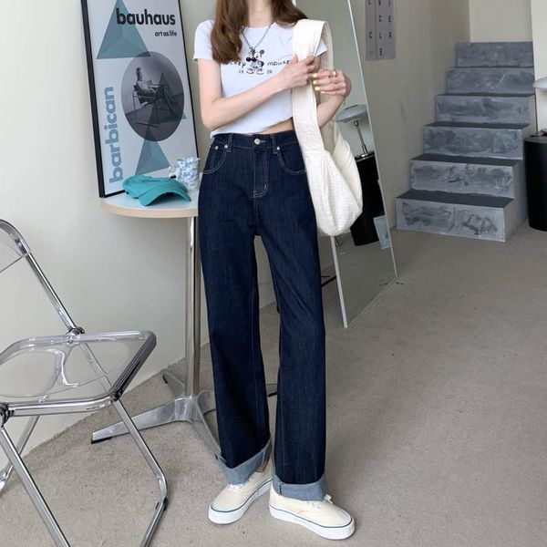 

women's jeans pants 2022 dark high waisted slim stretch versatile college style straight fashion, Blue