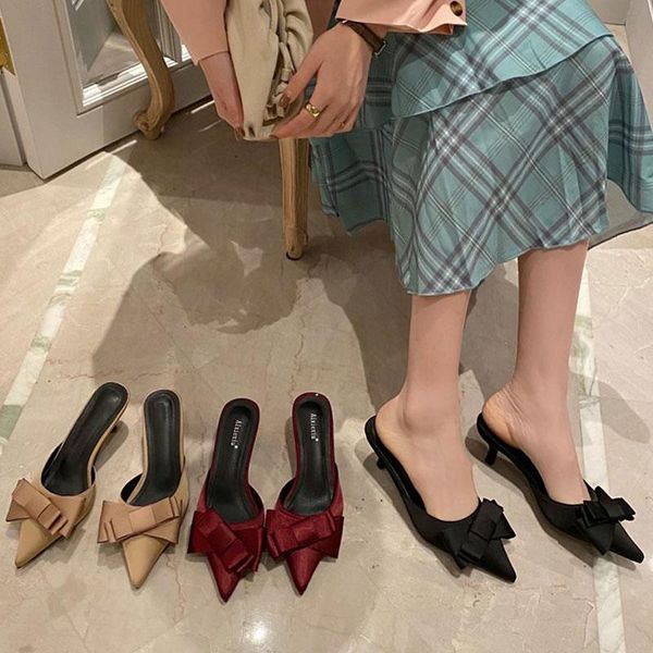 

brand autumn women slippers silk satin butterfly-knot casual low heels mules ladies fashion pointed toe party female slides, Black