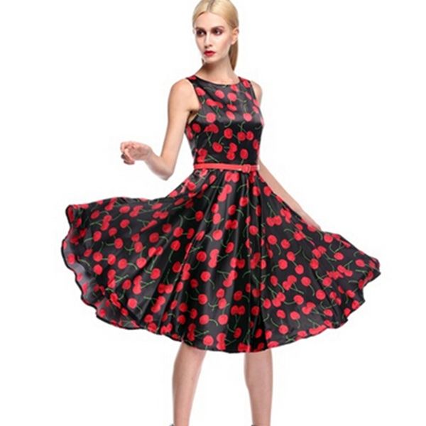 

casual dresses wholesale-acevog brand excellent 60's women vintage swing ladies sweet cherries summer sleeveless tunic with belt x, Black;gray