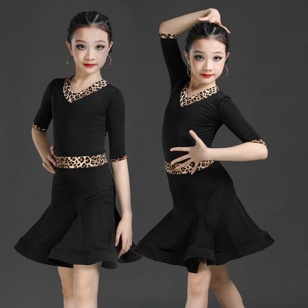 

stage wear 2021 spring summer split leopard print latin dance dress children professional performance training competition costumes, Black;red