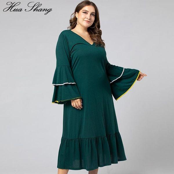 

casual dresses autumn winter dress long sleeve women v neck flare ruffles green plus size ladies tunic maxi, Black;gray