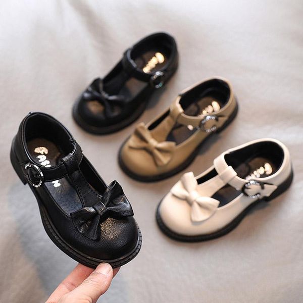 

girls t strap shoes butterfly knot princess kids buckle leather black big child flats spring autumn flat, Black;grey