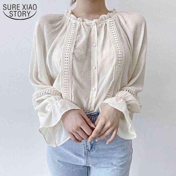 

autumn sweet flare sleeve apricot color ruffled round neck lace long women's blouse casual shirts women 11450 210508, White