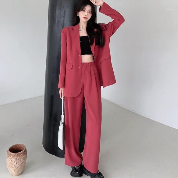 

women's two piece pants autumn streetwear women suit long-sleeved casual jacket + wide leg office ladies two-piece sets ensembles femme, White