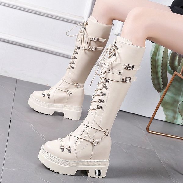 

winter women knee high boots wedges high heels 10cm platform lace up long boots autumn women leather sneakers motorcycle boots