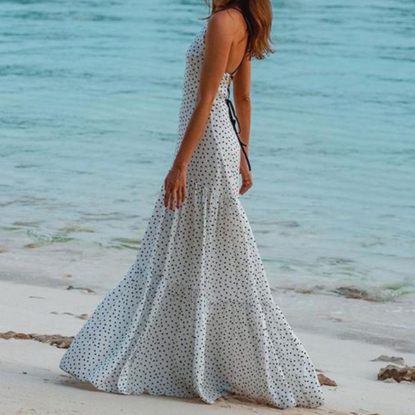 

women's swimwear 2021 polka dot printed long dress, summer thin shoulder strap robe style sling tight backless fashion wrap dress set, White;black