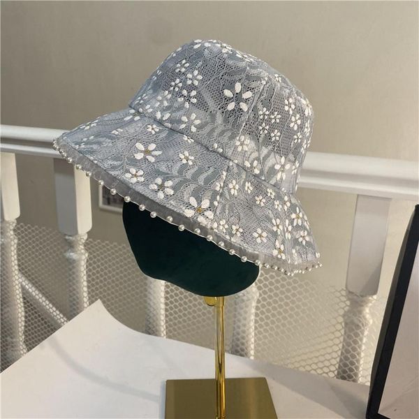 

wide brim hats 202106-jinyu summer color flower lace pearl ribbon holiday lady bucket cap women leisure hat, Blue;gray
