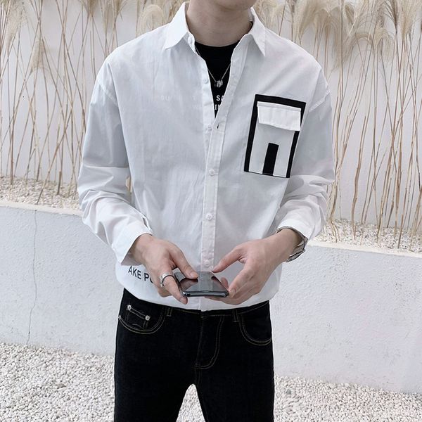 

men's casual shirts estilo japo primavera novo simples solto manga comprida camisas para homens roupas moda frente bolso decorao street, White;black