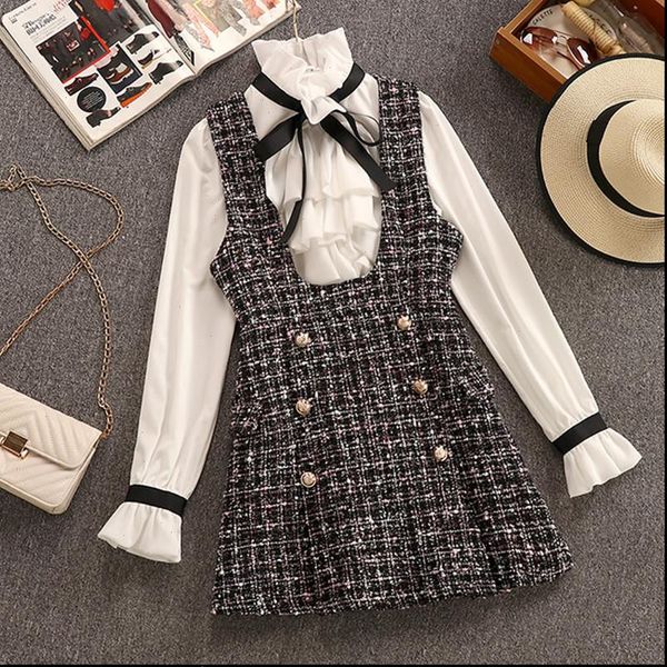 

women dress autumn winter 2 piece set overalls elegant ruffles chiffon bow shirt double breasted plaid tweed vest, Black;gray