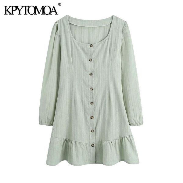 

women 2021 chic fashion button-up ruffled mini dress vintage square collar long sleeve female dresses mujer casual, Black;gray