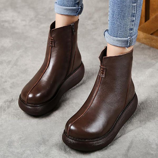 

boots 2021 first layer cowhide retro thick bottom muffin soft side zipper short round toe leather women's, Black
