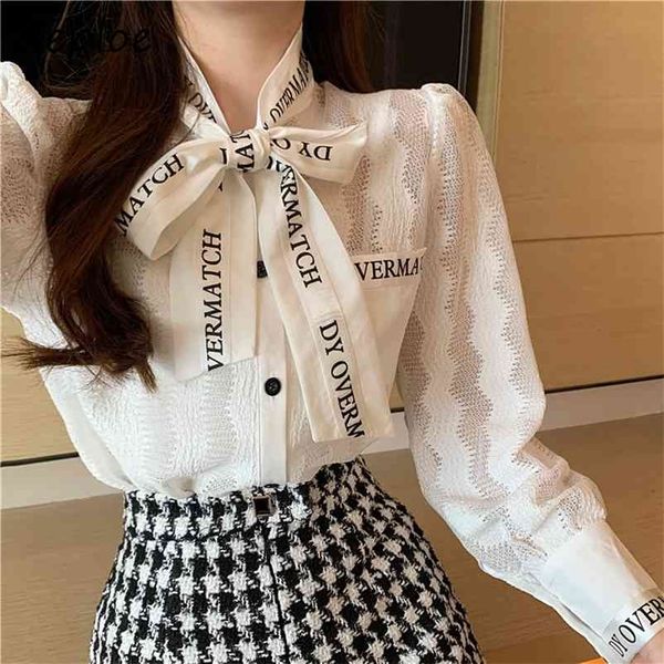

neploe work style ol slim blouse women turn down collar lace up bow design elegant blusas long sleeve single breast shirt 210323, White