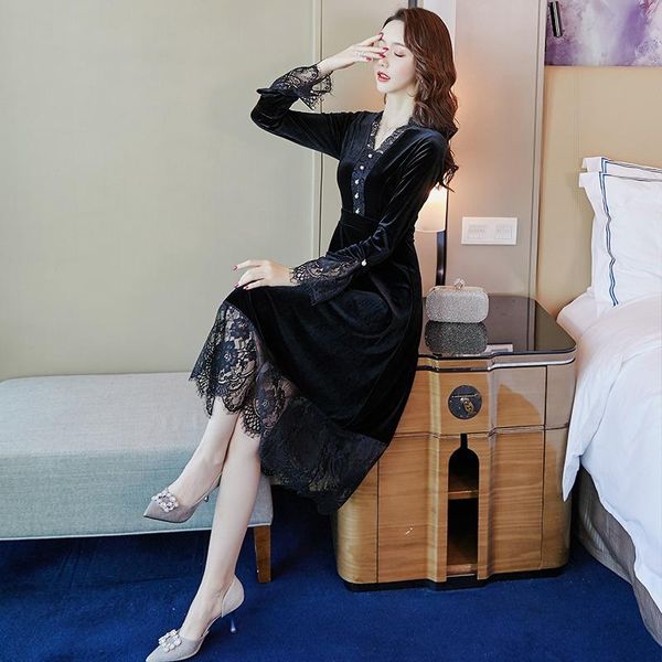 

casual dresses temperament and waist sheath office lady lace polyester early autumn long-sleeved dress with high, Black;gray
