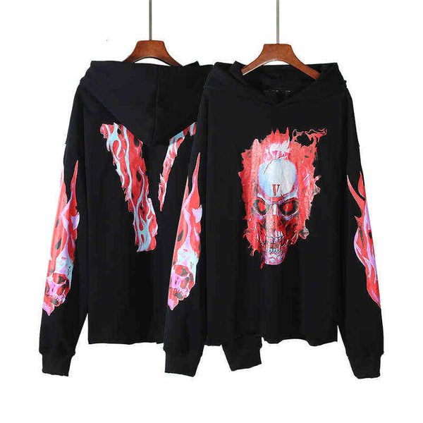 

and autumn winter street hip hop flame skull hoodie, Black