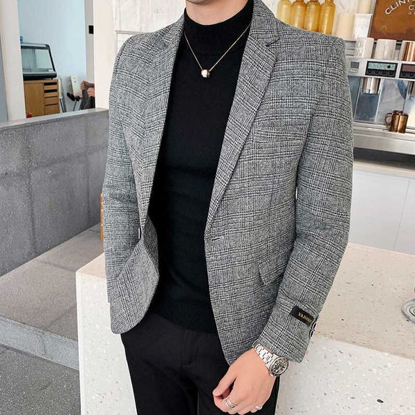 

autum british style mens blazer jacket plaid casual slim suit jacket men business formal masculina blazer veste costume homme 210527, White;black