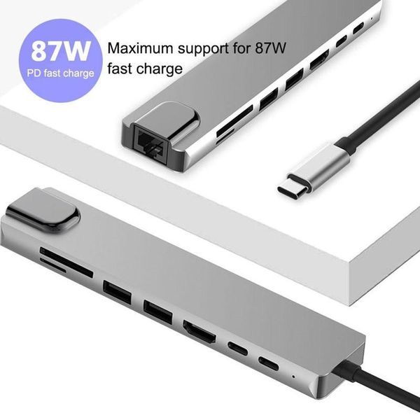 

hubs 8 in 1 multiport usb c adapter hub with 4k -compatible video 3.0 ethernet reader sd/tf usb-c 1000mbps card port