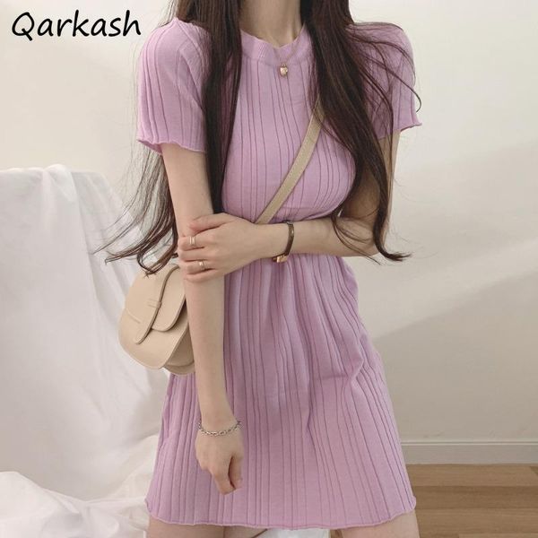 

casual dresses women solid simple knitting summer mini chic temperament female o-neck elegant fashion a-line ulzzang sweet party, Black;gray