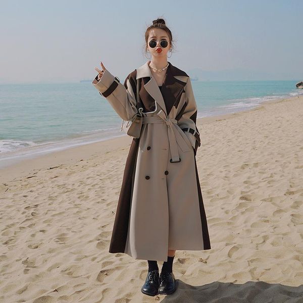 

women's trench coats windbreaker contrast color long loose straight ladies cloak lapel double breasted coat splicing jacket female, Tan;black