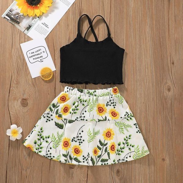 

clothing sets #vw girls summer solid ribbed strapless sleeveless floral skirts set outfits kids baby clothes vetement fill, White