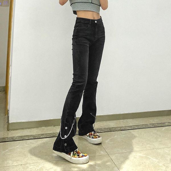 

women's jeans woman pants design chain split high waist thin casual fashion pantalones vaqueros mujer, Blue