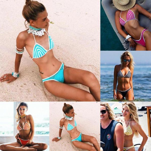 

summer women knit crochet bikini sets bandage swimwear swimsuit unpadded bra thong set push-up bathing suits beachwear two-piece