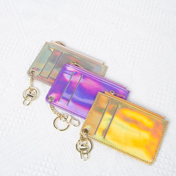 

card holders mini colorful pu leather zipper fashion laser color cash id purse with keychain, Brown;gray