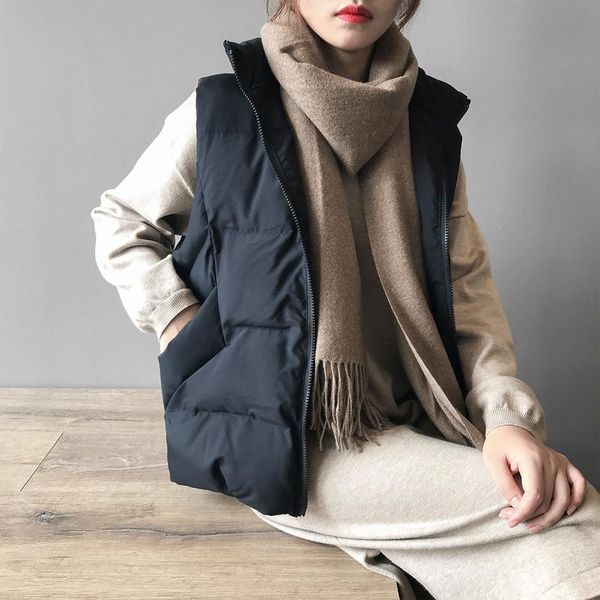 

women's vests fall winter fashion loose sleeveless solid color woman office lady high street female cotton-padded vest vintage outwear, Black;white