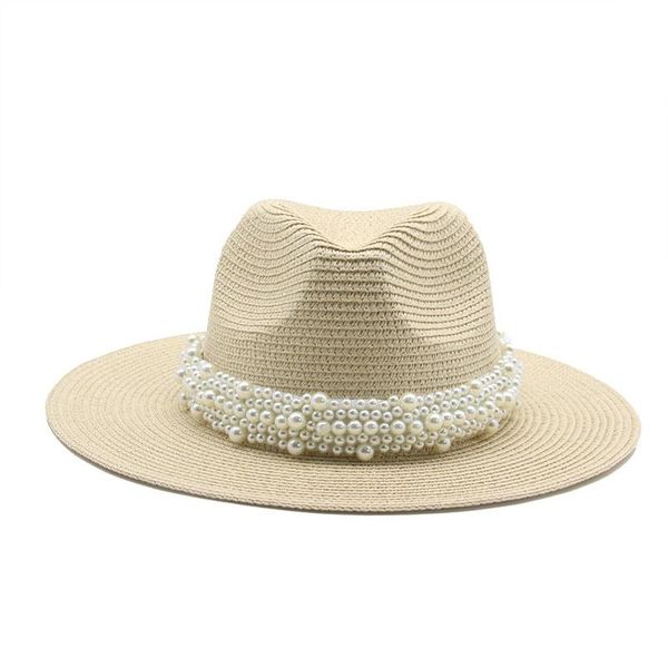 

wide brim hats women summer beach solid pearl band sun hat luxury panama protection straw decorate gorras para mujer, Blue;gray