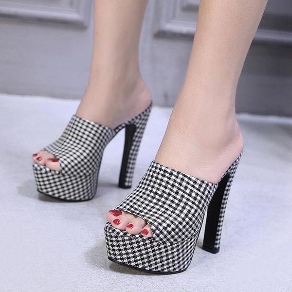 

retro classic slippers summer shoes woman footwear peep toe chunky heel women pu plaid sandals mules female casual comfortable thick heels, Black