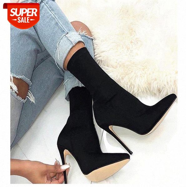 

deleventh european and beautiful women shoes mid-tube boots stretch cloth pointed stiletto high heels large size women's 43 #u06y, Black