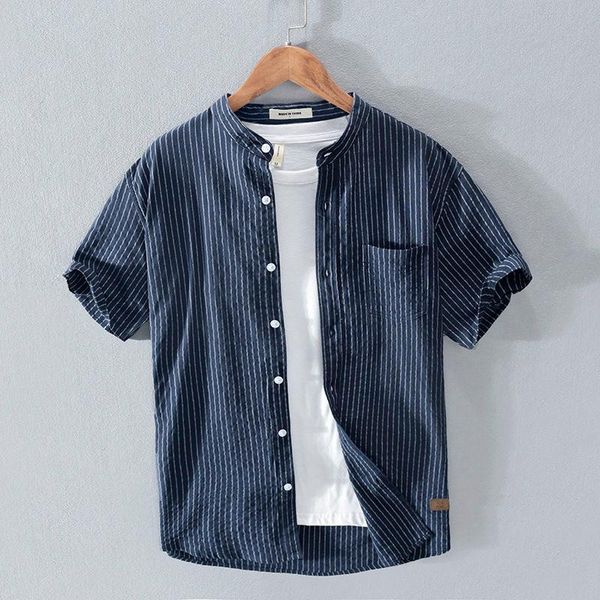 

men's casual shirts retro stand-up collar striped short-sleeved shirt summer breathable loose korean, White;black