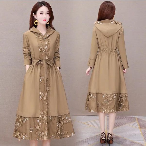 

women's trench coats 2021 spring autumn women coat hooded windbreaker jacket fashion plus size 5xl spliced long outerwear casaco femini, Tan;black