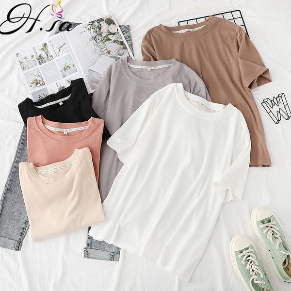 

h.sa summer women clothing t-shirts harajuku kpop female vintage tshirt solid short sleeve tees fashion casual t shirts women's t-shir, White
