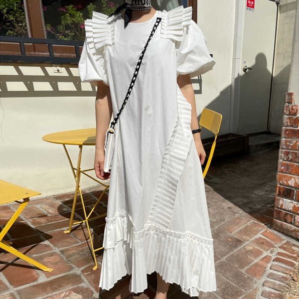 

spring and summer korean fashion casual loose irregular puff sleeve dress elegant temperament ruffled women 210615, Black;gray