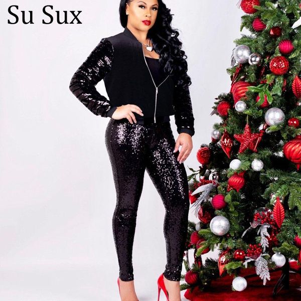 

black sequins tracksuit 2 piece set women's clothing outfits solid long sleeve zipper jacket and pencil pants suit sporty two, White