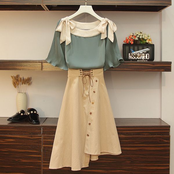 

2021 new set 2 pieces of fashionable women's silk fabric, t-shirt with bow tie and irregular skirt, uniform color, retro, large 5xl, i5, Black