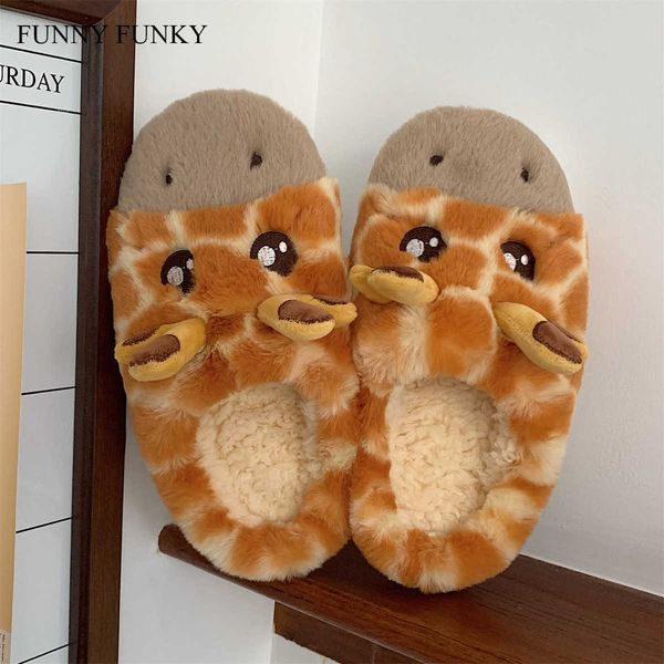 Divertente Funky 2021 Pantofole da donna Soffice pelliccia sintetica Cartoon Giraffa Pantofole animali Antiscivolo Morbido peluche Appartamenti Scarpe da donna H0914